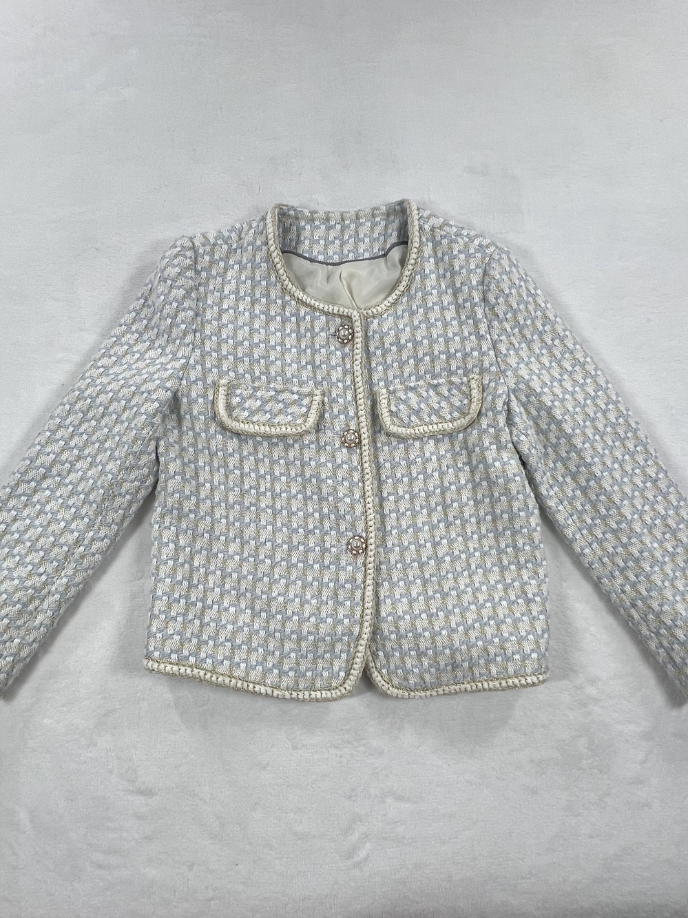 La Chapelle Textured Cream and Light Blue Tweed Jacket